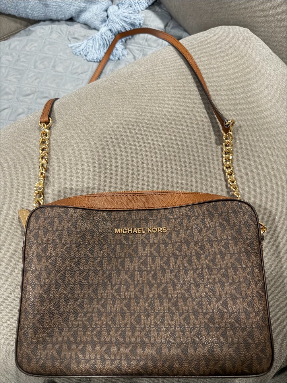 Michael Kors Brown Logo Crossbody with Gold Chain